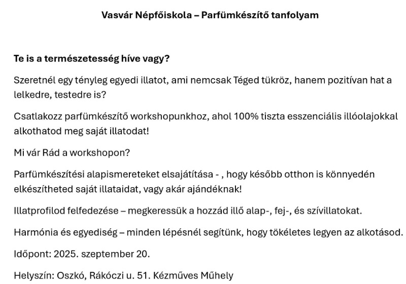 Vasvár Népfőiskola – Parfümkészítő tanfolyam